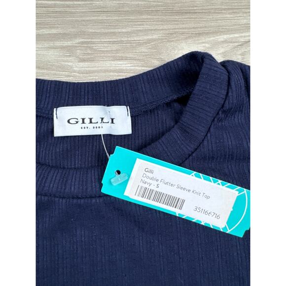 Gilli Double‎ Flutter Sleeve Knit Top, Navy Blue, Size S, NWT - Picture 4 of 5